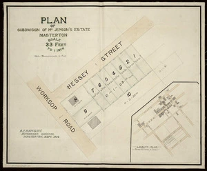 Rawson, Alfred Pearson, fl 1893-1912 :Plan of subdivision of Mr. Jepson's Estate. Masterton [ms map]. A. P. Rawson, authorised surveyor, Masterton, Sept. 1905