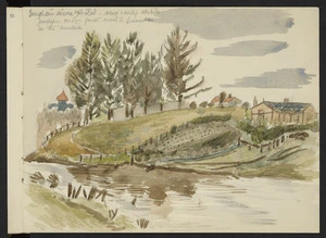 Hill, Mabel, 1872-1956 :Brighton river and hotel. Very early sketch perhaps on her first visit to Dunedin in the nineties. [Between 1890 and 1915]