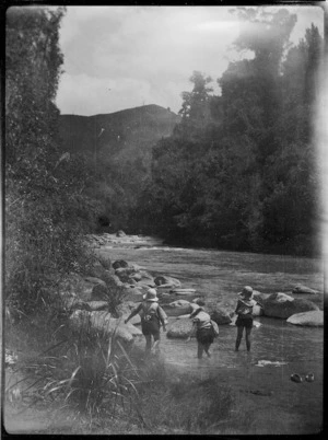 Children playing on the river bank, Mangamahu