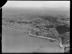 Aerial view of Wellington Harbour, the wharves, city and suburbs