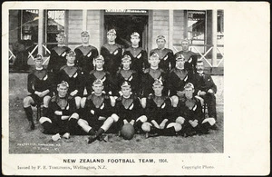 Postcard. New Zealand football team, 1904. Issued by F E Tomlinson, Wellington, N.Z. Copyright photo. New Zealand postcard [1904].
