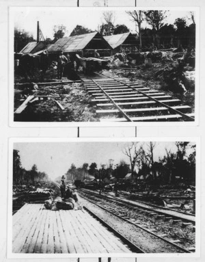 Trondjhem sawmill, north of Bunnythorpe in Manawatu; Railway station platform and timber mill, Bunnythorpe district