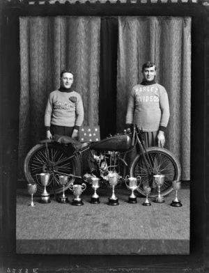 Speedway riders Tim Wilkinson and Tui Morgan with Harley-Davidson motorcycle