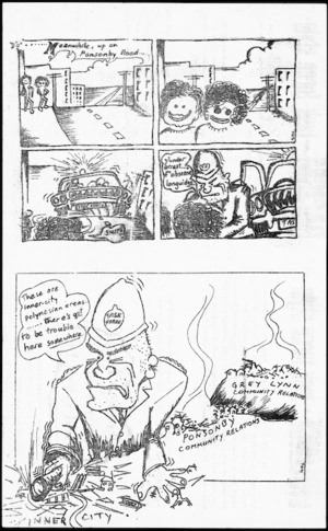 Cartoons from leaflet on violence and racism