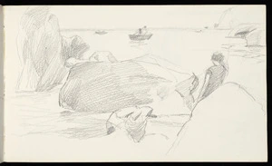 Hill, Mabel, 1872-1956 :[Woman sitting on rocks at the seaside, Capri, 1931].