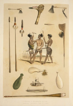 Angas, George French, 1822-1886 :Weapons and implements of war ; warriors preparing for a fight. George French Angas [delt]; J. W. Giles [lith]. Plate 58, 1847.