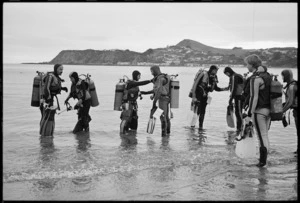 Scuba diving instructors check gear before an exercise, Titahi Bay, Wellington - Photograph taken by Ray Pigney