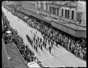 Brass band marching in Willis Street, Wellington