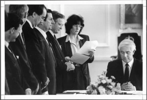 Governor General, Sir Paul Reeves, approving the new Cabinet - Photograph taken by Ross Giblin