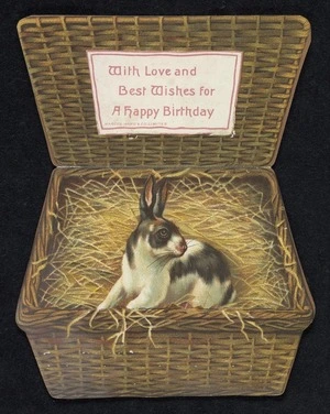 Marcus Ward & Company Ltd: With love and best wishes for a happy birthday [Rabbit in a picnic hamper. To] Miss Usher, Blackford Park... from Rebecca with kindest love, Nov 19th 1887
