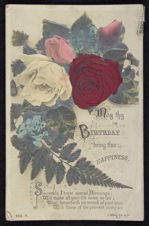 May thy birthday bring thee happiness. Portrait bas-relief card. Beagles' post cards. J Beagles & Co. Ltd [Postcard. Posted 1909]