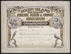 South Island Poultry, Pigeon & Canary Association :Championship awarded to Mr A E Hough for Best utility black orpington male, At Christchurch, June 11th, 12th + 13th, 1925. G E Jeffreys, pres[ident]; R Pearce, sec[retary]. L Times print [ca 1925]