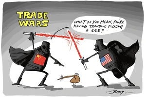 Kiwi bird stands uncertainly in middle of light sabre "trade wars" fight between American and Chinese Darth Vader figures