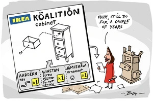 Jacinda Ardern reads the "Ikea Koalition cabinet" instructions - three steps of "Aardern", "Winston" [Peters] and "Jamishaw" [James Shaw]