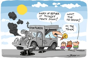 Ice-cream truck man hands "Tip-Top" ice-cream to children warning them to hurry before the "Fonterra" truck "totally melts down"