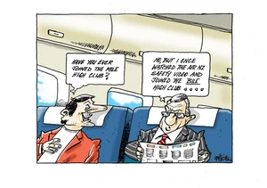 Two business aircraft passengers discuss the Air NZ safety videos