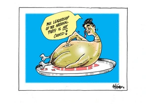 Simon Bridges depicted as a roast turkey denying his leadership of the National Party is cooked