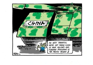 Little Kiwi bird carrying a slingshot tells the large "China" tanks they should be "thankful we're not taking sides...in the Pacific Region"