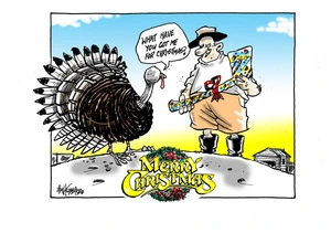 A turkey asks the farmer with a gift wrapped axe "what have you got me for Christmas?"