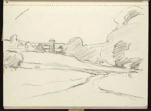 Hill, Mabel 1872-1956 :[Landscape with tower and houses. ca 1950]