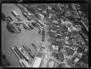 Aerial view of Wellington wharves, Customhouse Quay, Featherston Street, and surrounding area
