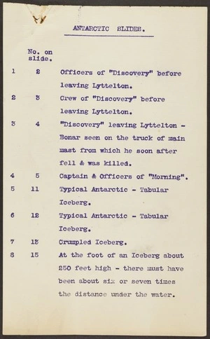 Official papers - List of photographs taken on various expeditions