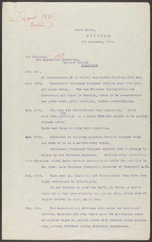 Official papers relating to Ross Sea Relief expedition in Aurora under Captain J K Davis