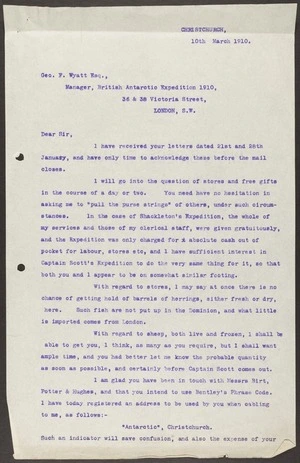 Official correspondence - J J Kinsey to G F Wyatt, Manager of the British Antarctic Expedition