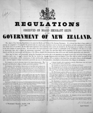 New Zealand Government. Agency-General :Regulations to be observed on board emigrant ships of the Government of New Zealand. 1873.