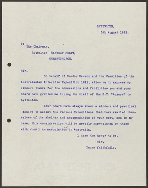 Official correspondence with New Zealand firms for equipment and stores for the Mawson expedition