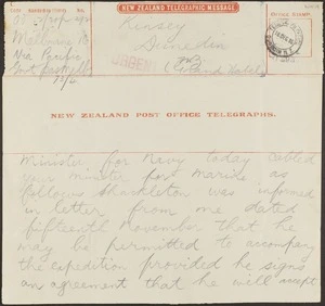 Official correspondence relating to Shackleton's status in Ross Sea Relief Expedition