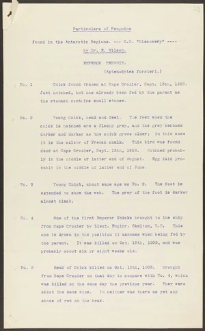 Notes by E Wilson, on penguins, and on lists of stores and despatches to newspapers