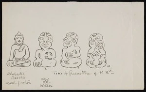 [Robley, Horatio Gordon] 1840-1930 :[Comparative drawings of an alabaster Buddha figure and three Maori greenstone tiki. ca 1900?]