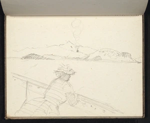 Hill, Mabel, 1872-1956 :[Woman leaning on a ship's rail observing a fire on nearby land. Mediterranean Sea, 1952?]