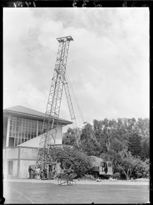 Dismantling flood lights at Hutt Recreation Ground, Lower Hutt