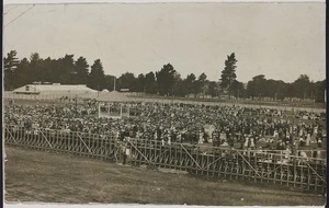 Crowd surrounding a band rotunda on a horse race course
