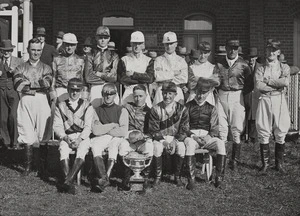 Group portrait of jockeys who competed for the Duke of [Gloucester?] Cup in Canterbury