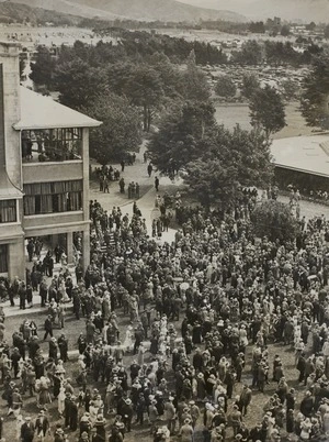 Race day crowd on grounds of Trentham Racecourse