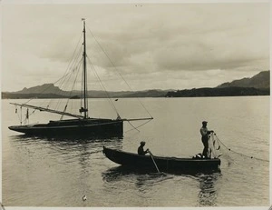 Fishermen and sailing vessel, Whangaroa Harbour