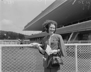 Woman and birdcage at Trentham races
