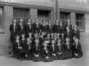 Schoolgirls and flower display, St Mary's College