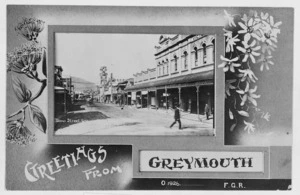 Postcard decorated with paintings of native flowers, and featuring an F G Radcliffe photograph of Tainui Street, Greymouth