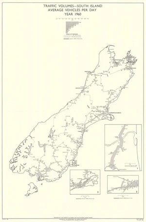 Traffic volumes - South Island : average vehicles per day year 1960 / drawn by the Department of Lands and Survey ; prepared by the Ministry of Works for the National Roads Board.