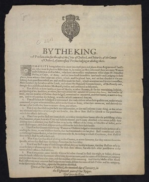 By the King. A proclamation for the ease of the citty of Oxford, and suhurbs [sic], of the connty [sic] of Oxford, of unnecessary persons lodging or abiding there.