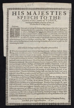 His Majesties speech to the gentry of the county of Yorke, attending his Majestie at the city of Yorke, on Thursday the 12th of May, 1642.