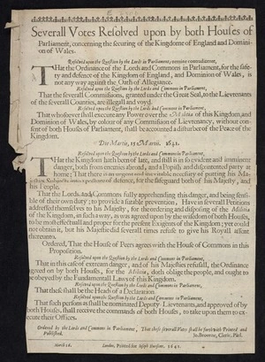 Severall votes resolved upon by both houses of Parliament, concerning the securing of the kingdome of England and dominion of VVales.