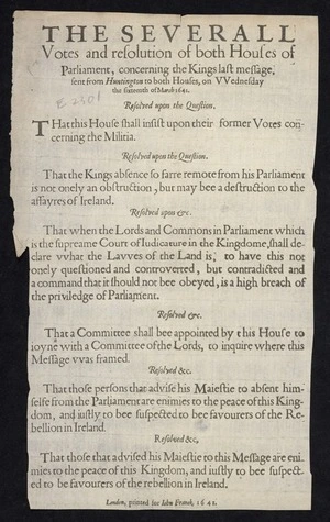 The severall votes and resolution [sic] of both houses of Parliament, concerning the Kings last message, sent from Huntington to both houses, on VVednesday the sixteenth of March 1641.