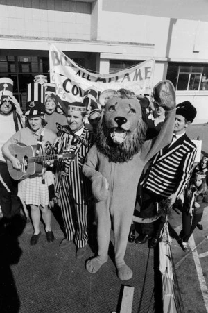 Members of C'mon Wellington, supporters of the Wellington provincial rugby team, including their mascot Leo the lion