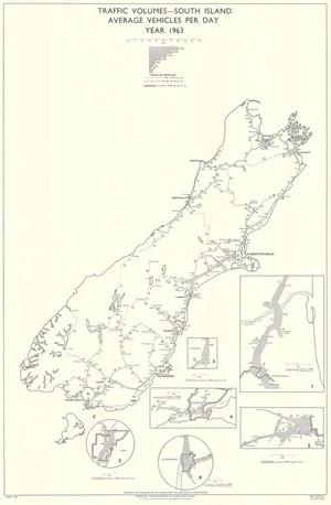 Traffic volumes - South Island : average vehicles per day year 1963 / drawn by the Department of Lands and Survey ; prepared by the Ministry of Works for the National Roads Board.