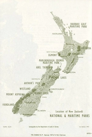 Location of New Zealand's national & maritime parks / cartography by the Department of Lands & Survey.